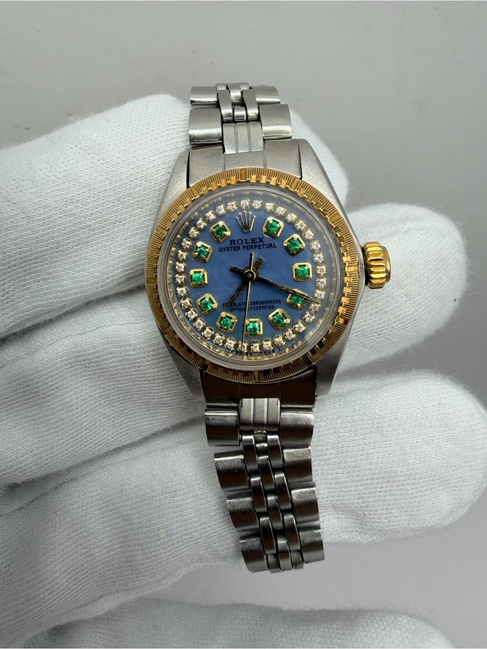 Rolex Two-Tone Gold and Silver Watch with Blue Dial and Green Gem Markers